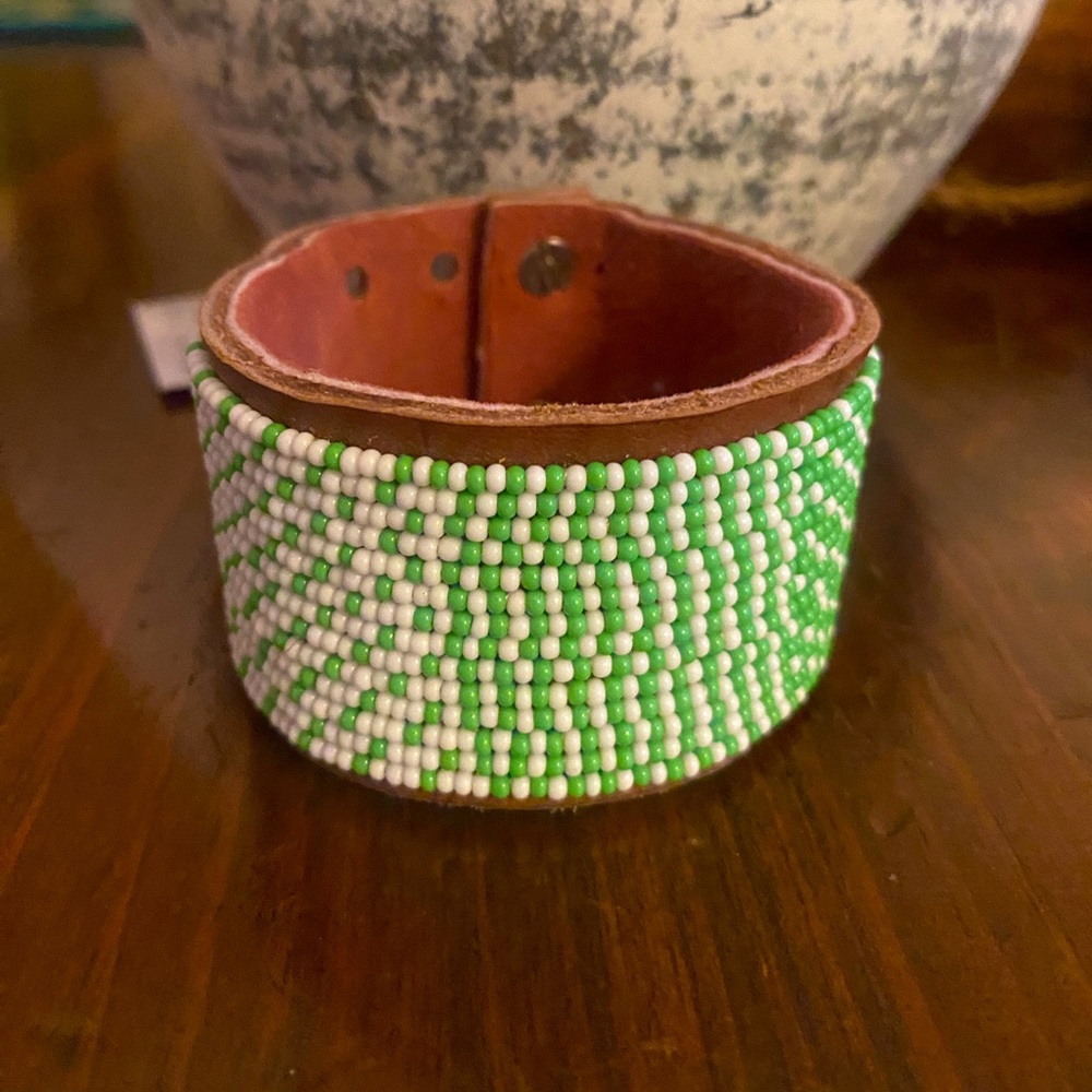 Leather Cuff - Green & White Large Ombré